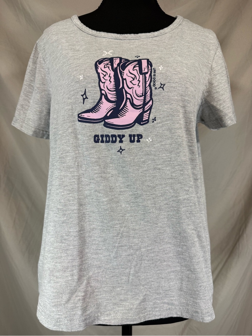 Life Is Good “Giddy Up” Cowboy Boots Tee Heather‎ Gray-Soft- Size Large